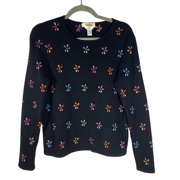 Talbots Womens Cashmere Sweater With Multicolor Floral Pattern Black Size M - Picture 1 of 9